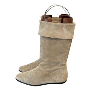 Size 8 Vintage taupe mid calf genuine leather women flat pull on slouch boots.